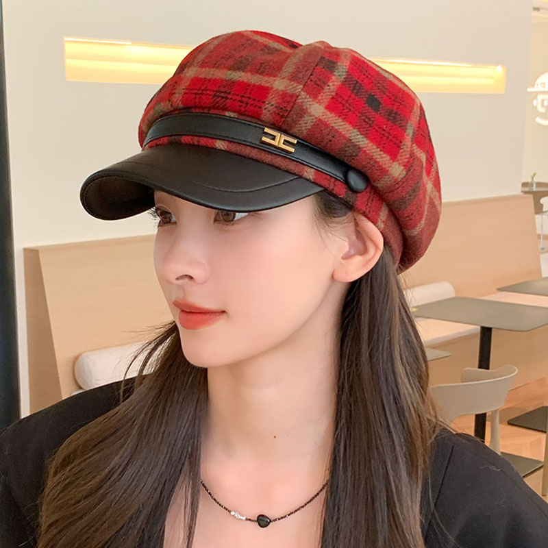 八角帽逛街休闲女秋冬短檐格子