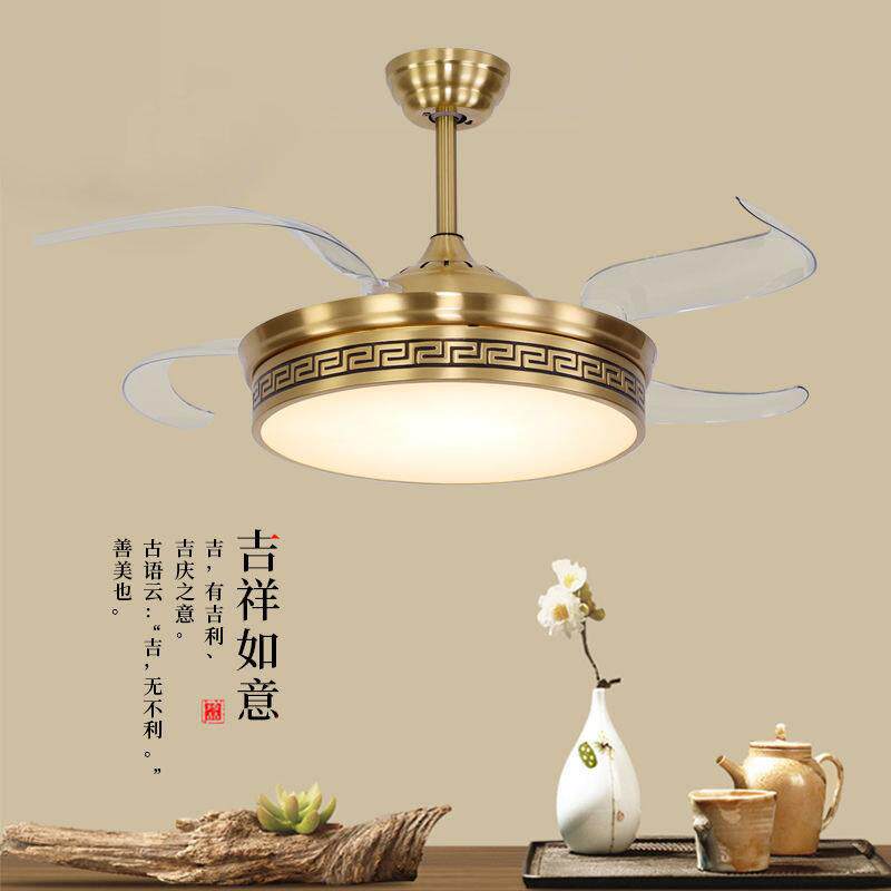 新中式全铜隐形吊扇灯装饰风扇带电扇灯客厅餐厅变频电扇风扇吊灯