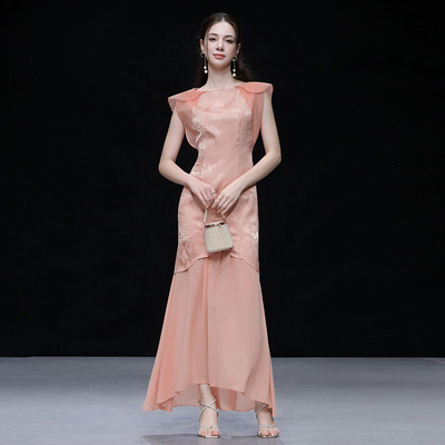 2025夏季新款时尚气质一字领荷叶袖收腰花朵型性感雪纺拼接连衣裙