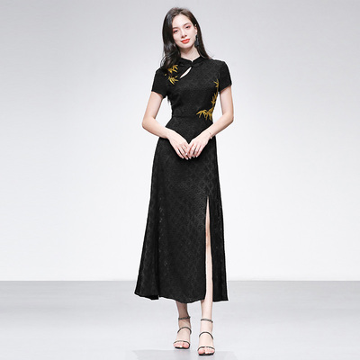 2025夏季新款气质新中式国风雪纺提花收腰显瘦大摆旗袍连衣裙