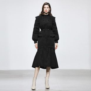 2025冬装新款时尚气质派克风直筒型抽褶荷叶边加厚白鸭绒羽绒服女