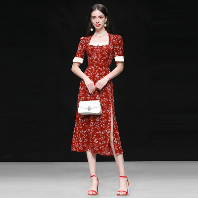 2025夏季新款法式印花方领收腰显瘦红色鱼尾连衣裙长裙裙子女
