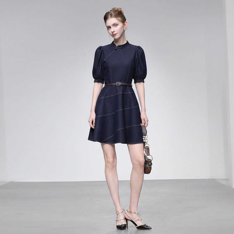 2026夏季新款时尚气质国风设计感短裙收腰大摆牛仔连衣裙女装