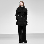 2025冬季女装时尚黑色翻领收腰中长款羽绒服白鸭绒面包服外套