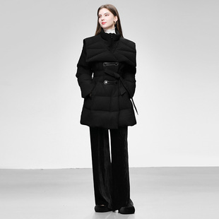 2025冬季女装时尚黑色翻领收腰中长款羽绒服白鸭绒面包服外套