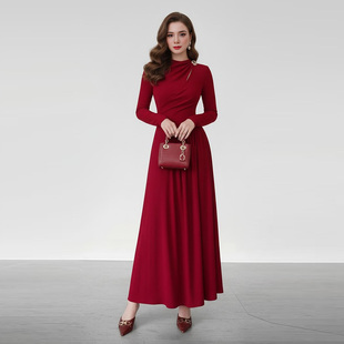 赫本风气质长袖 法式 收腰褶皱A摆连衣裙礼服针织裙 新款 2026年春季