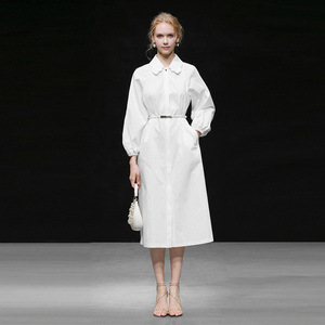 2026春新款气质法式优雅翻领连袖灯笼袖系带A字大摆衬衣式连衣裙