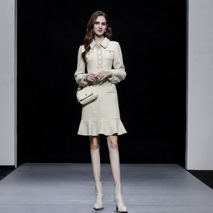 2025秋冬季 气质重工钉珠收腰荷叶拼接亮片花呢连衣裙裙子 新款