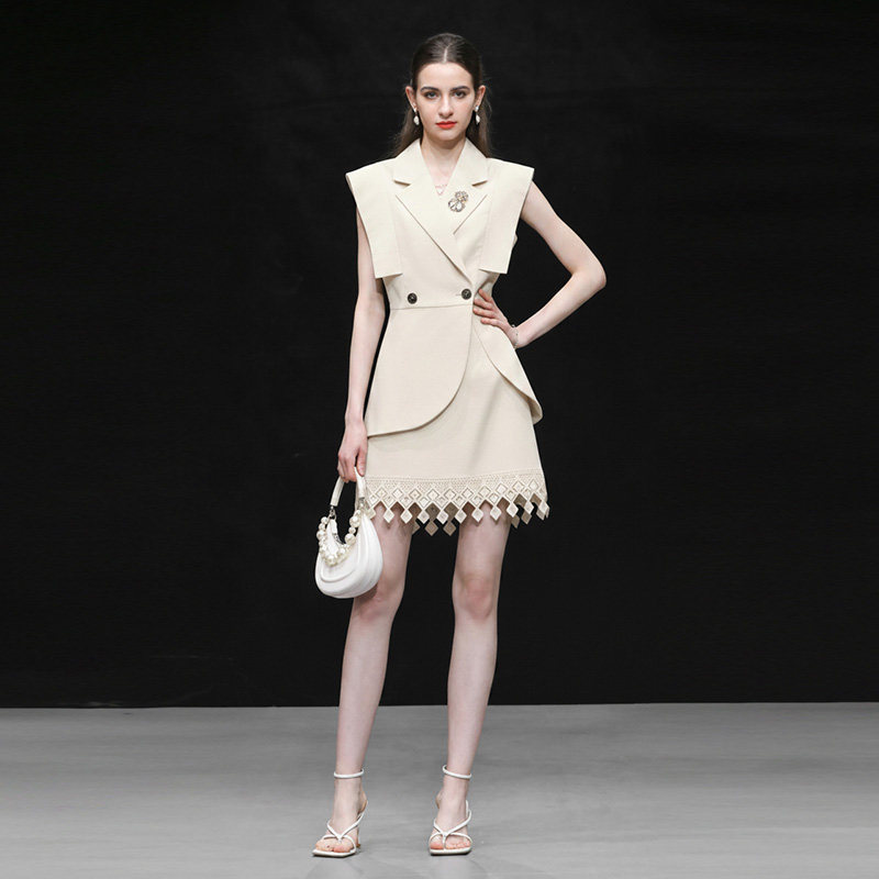 2026夏季新款时尚通勤翻领无袖收腰西装上衣+高腰A字半裙棉麻套装