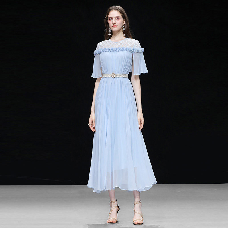 2026夏季新款女装气质蕾丝拼接亮丝雪纺立体花百褶连衣裙裙子