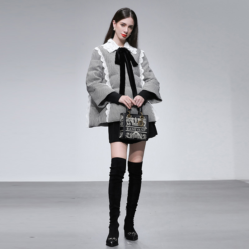 2025冬季新款通勤双层花边翻领灯笼袖A字千鸟格粗花呢羽绒服外套