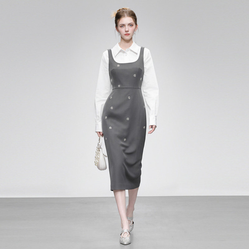 2026春季新款法式千金风翻领衬衣裙+重工绣花收腰直筒连衣裙套装