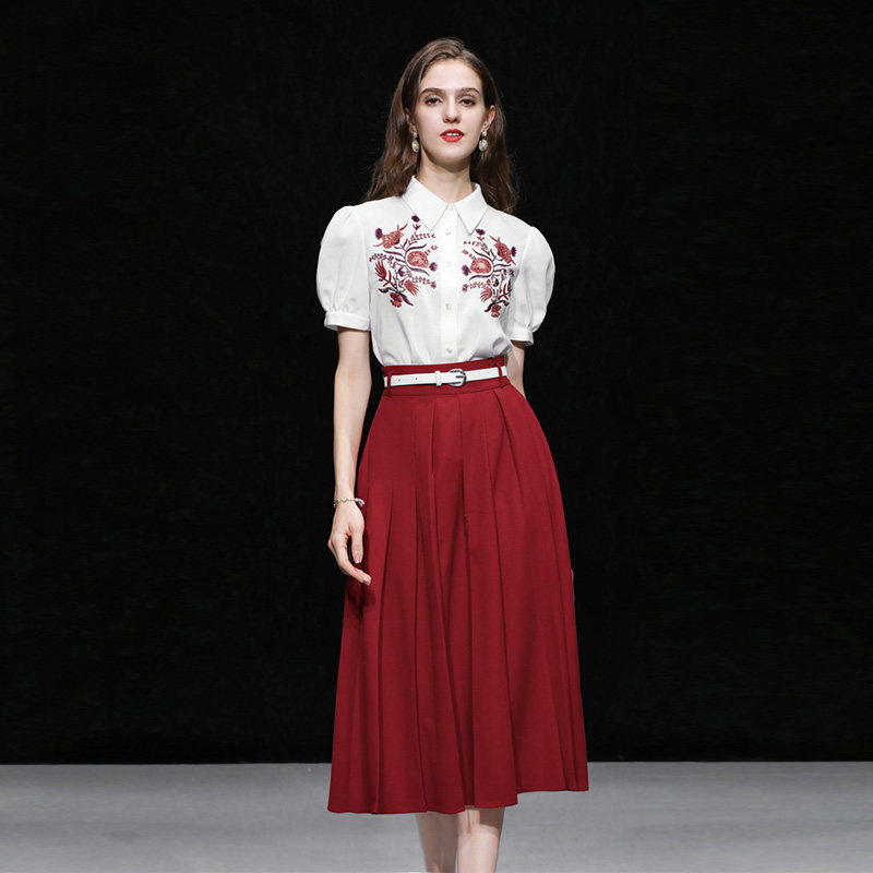 夏季女装2026新款气质两件套白色衬衫衬衣红色长裙裙子套装潮