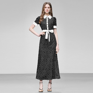 2026夏季新款法式名媛撞色翻领蝴蝶结收腰泡泡袖碎花鱼尾连衣裙