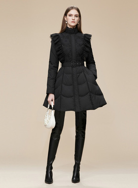 2025冬季新款富家千金风荷叶边飞肩设计系带A字加厚黑色羽绒服女