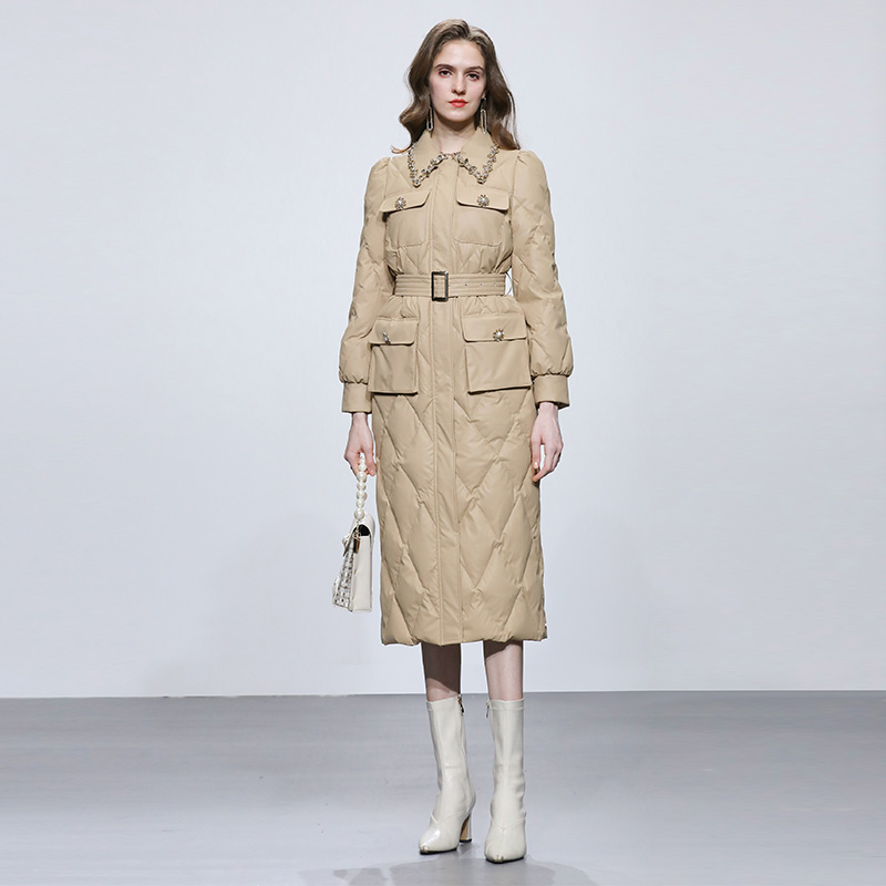 2025冬季新款气质小香名媛仿皮泡泡袖鹅绒菱格羽绒服加厚过膝外套