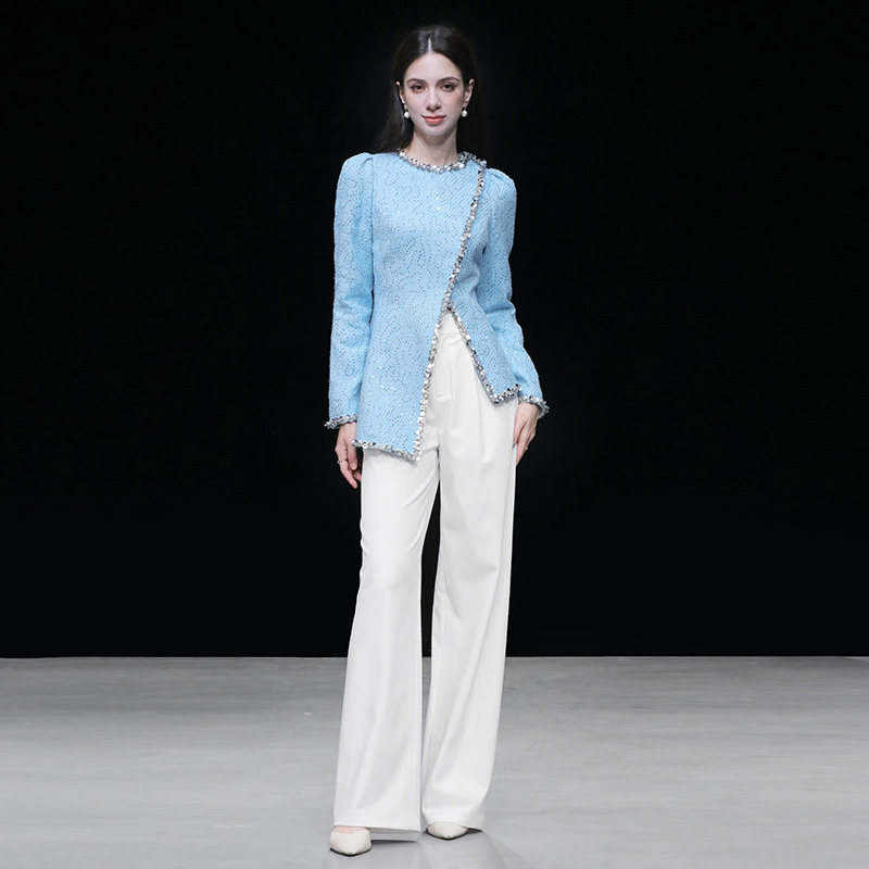 2025秋季新款小香风富家千金钻条圆领收腰开衩上衣+高腰阔腿长裤,女装/女士精品,时尚套装,淘宝优惠券,粉丝福利购,淘宝优惠卷