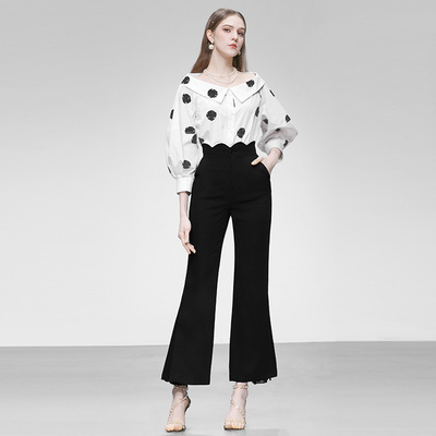 2025秋季新款法式复古一字翻领撞色波点衬衣+高腰修身喇叭裤套装