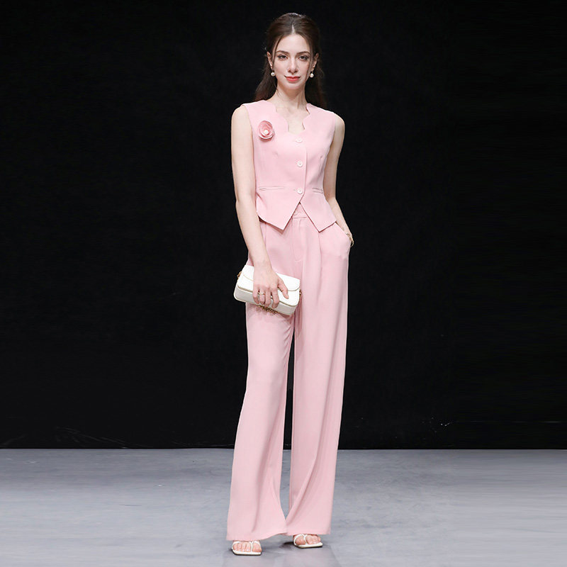 2026夏新款个性V领无袖收腰立体花马甲上衣+高腰窄版阔腿西裤套装