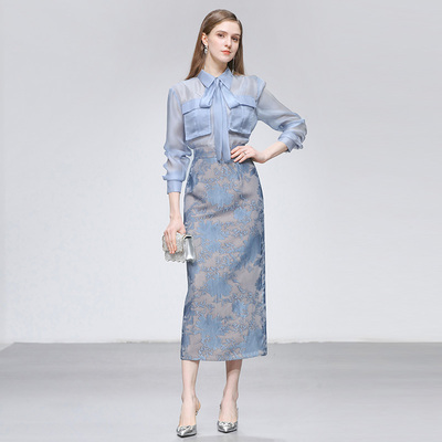 2025春季新款法式都市直身宽松薄纱半透衬衫蓝色提花直筒半裙套装