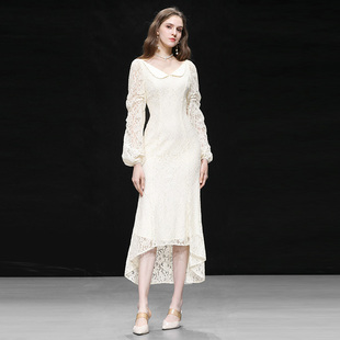 2026春季新款气质娃娃领钉珠灯笼袖长裙设计感收腰鱼尾蕾丝连衣裙