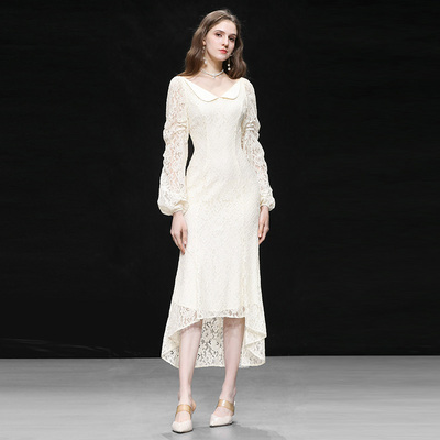 2026春季新款气质娃娃领钉珠灯笼袖长裙设计感收腰鱼尾蕾丝连衣裙