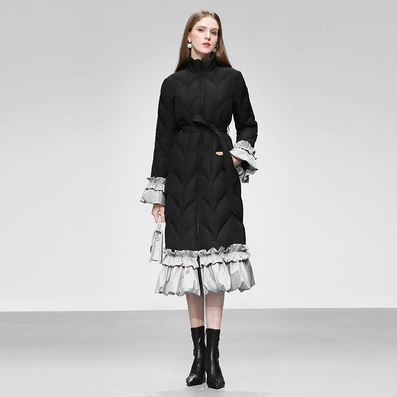2025冬季时尚立领荷叶袖系带收腰荷叶摆中长款羽绒服外套女