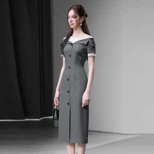 2026夏季新款时尚气质miu系假两件一字肩灰色收腰直筒西装连衣裙