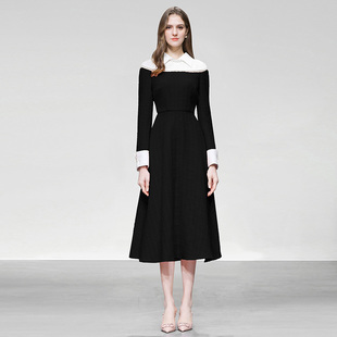 2025秋冬季新款撞色假两件衬衣拼接收腰大摆长款粗花呢连衣裙