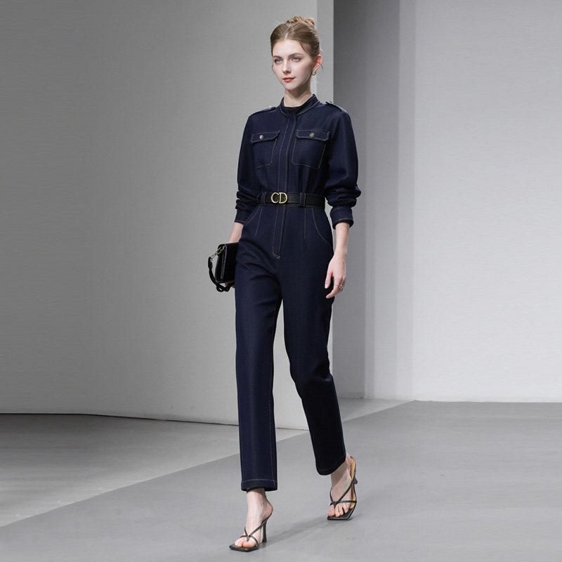 2026春季新款时尚帅气设计感宽肩长袖衬衣式牛仔连体裤显瘦长裤