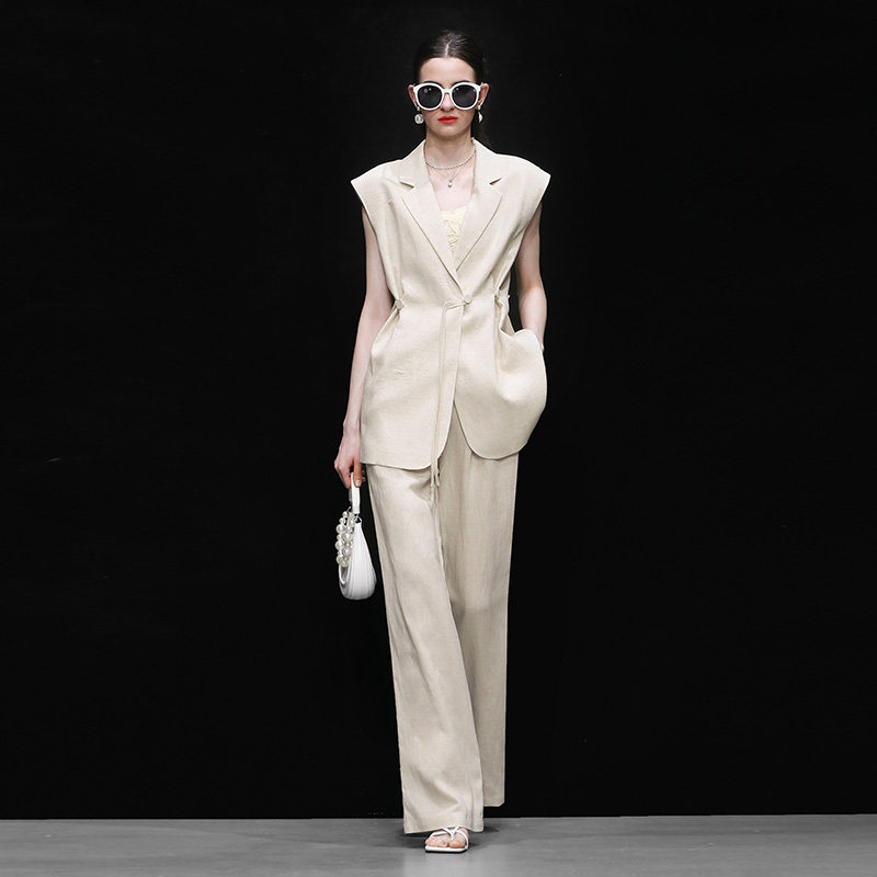 2026夏季新款气质休闲宽松设计感西装+显瘦阔腿裤长裤天丝麻套装