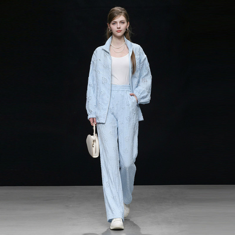 2026春季新款休闲气质灯笼袖外套+松紧腰长裤天丝提花套装女装