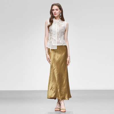 2025夏季新款新中式刺绣马甲外套醋酸抓花鱼尾吊带连衣裙套装