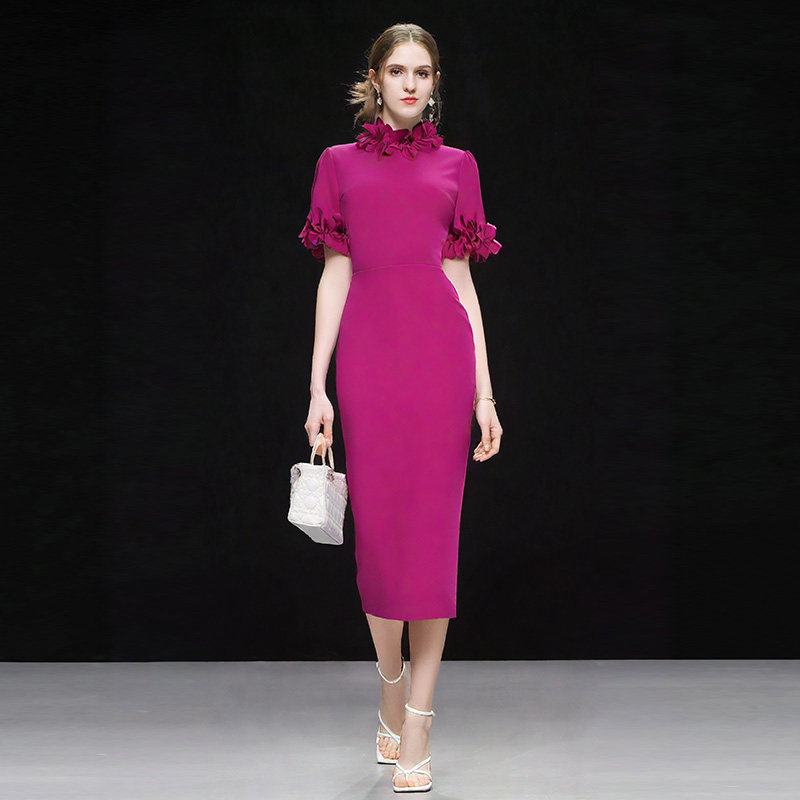 2026年夏季新款时尚法式气质花瓣领短袖收腰显瘦直筒连衣裙