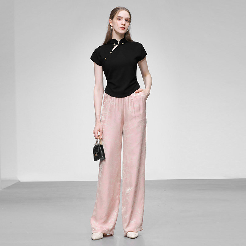 2026年夏季新款国风双色人丝提花高腰直筒阔腿长裤