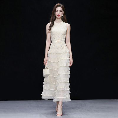 2026夏季新款气质淑女无袖圆领收腰长款珠片绣花拼接网纱蛋糕裙