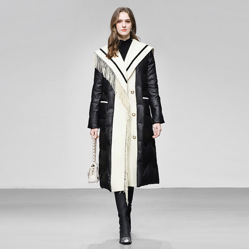 2025冬季新款撞色羊毛双面呢翻领流苏设计小a版羽绒服外套