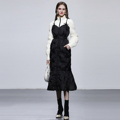 2025冬新款时尚气质优雅复古灯笼袖收腰鱼尾中长款钉珠羽绒服外套