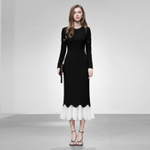 2026早春新富家千金miu系穿搭轻奢修身 显瘦撞色荷叶边黑色连衣裙