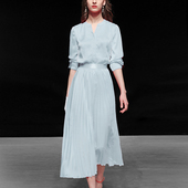 上衣百褶裙长裙裙子套装 QC春装 气质两件套蓝色衬衫 女装 2024新款