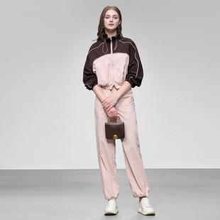 2026春新款时尚休闲设计感拼色外套+百搭阔腿裤运动风防晒衫套装