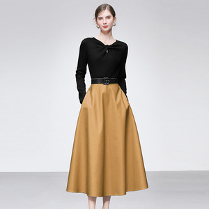 2025秋冬季新款时尚法式黑色针织上衣高腰A字大摆PU皮半裙套装