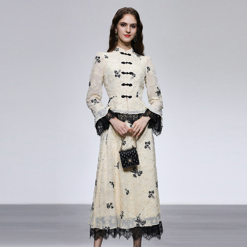 2026春季新款新中式国风立领撞色刺绣优雅蕾丝拼接上衣半裙套装