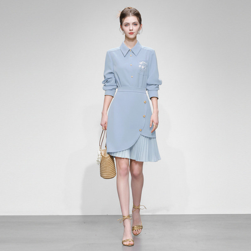 2026春装新款刺绣衬衣拼接百褶短半裙套装气质显瘦