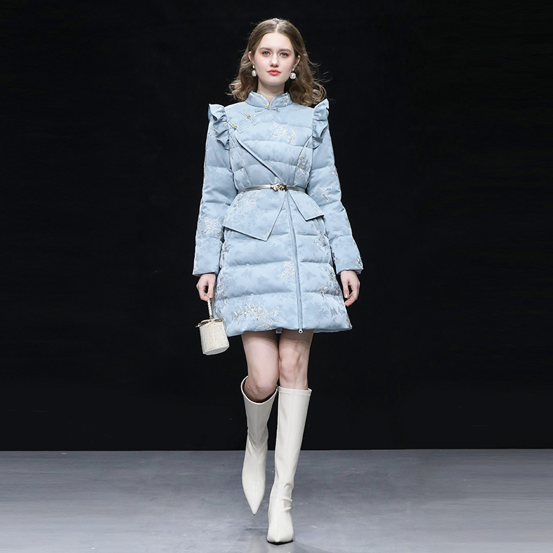 2025年冬季新款新中式立领长袖收腰不规则设计A字提花羽绒服外套