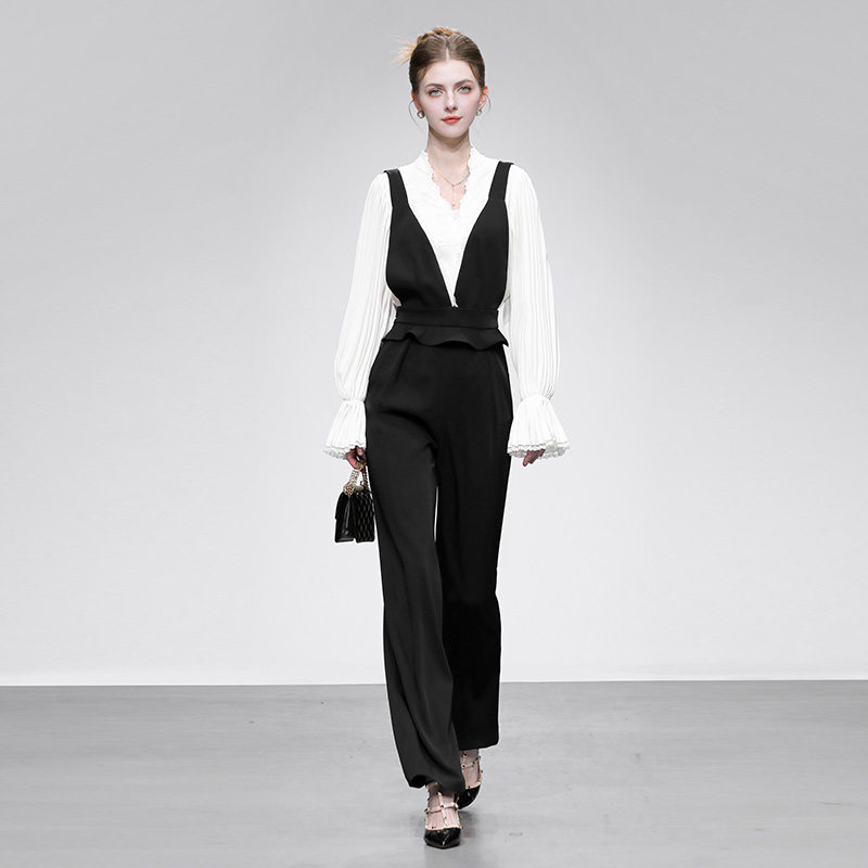 2026春季新款时尚气质白衬衫+V领背带裤收腰长款直筒连体裤套装