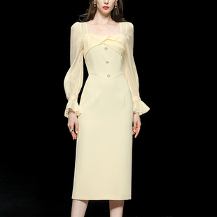 修身 秋装 气质方领长袖 女装 收腰显瘦连衣裙包臀裙长裙 2025新款