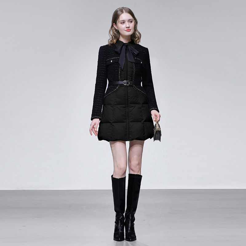 2025冬新款假两件小香轻奢粗花呢拼接翻领收腰显瘦A摆羽绒服外套