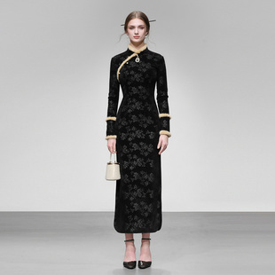 饰长袖 2025年冬季 立领毛条装 新中式 收腰直筒压花雪尼尔连衣裙 新款
