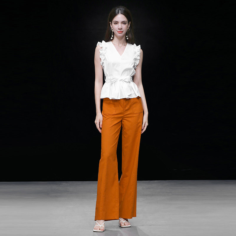 2026夏季新款时尚V领木耳袖系带宽松衬衣+高腰阔腿裤亚麻休闲裤女